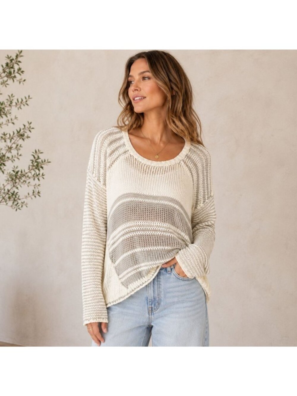 NEW Stitch Fix | RD Style Callie Open Knit Sweater Gray Cream Panel Boxy Size L